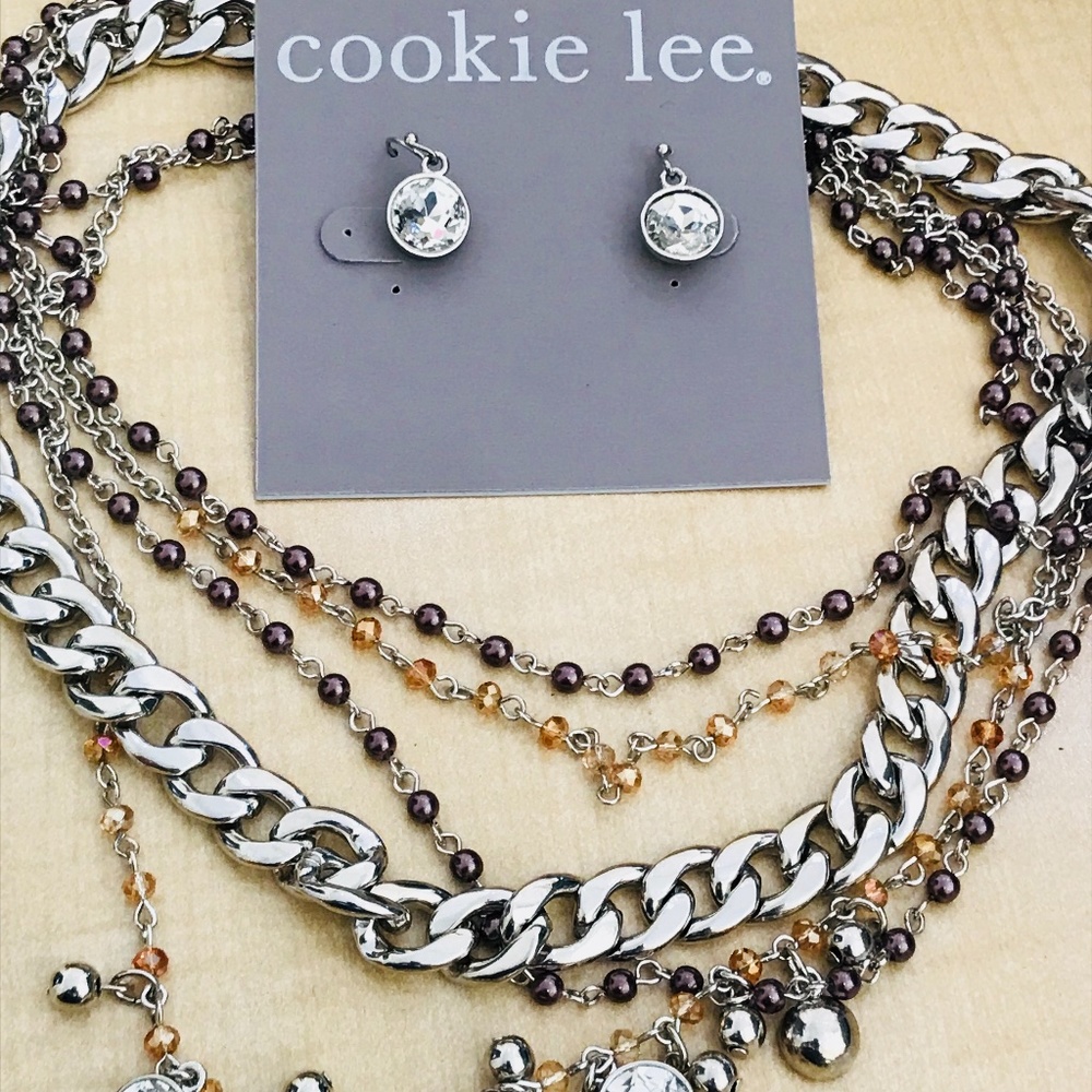 Cookie Lee Multi Strand Statement Necklace And Ea… - image 1